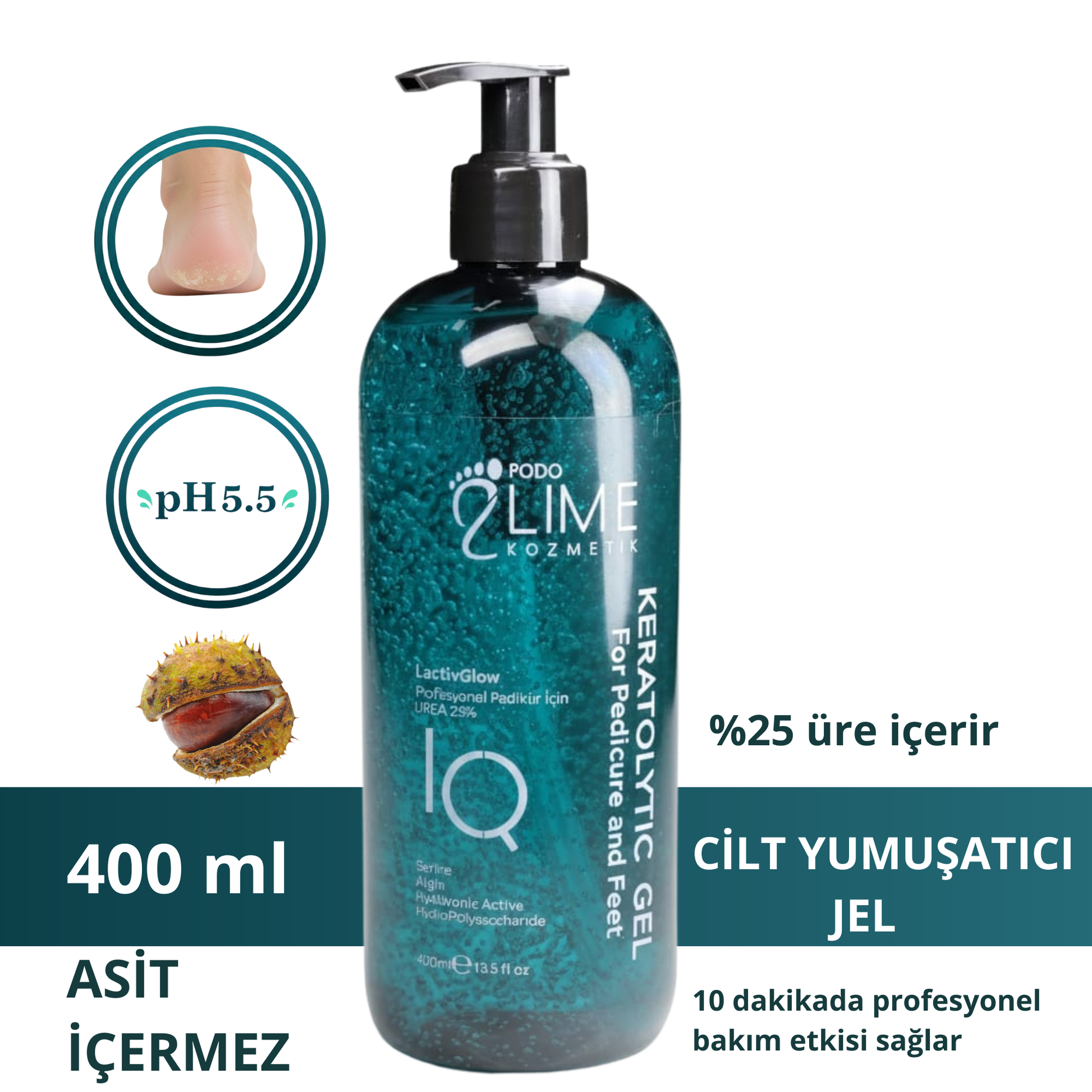 Keratolytic Gel 400 ml şişesi – sertleşmiş ve kalınlaşmış ciltler için profesyonel bakım jeli.